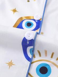 2pcs/Set Women Plus Size Cool Light Blue Eye Print Pajama Set, Soft Short Sleeve Shirt With Collar & Button, And Elastic Waist Shorts, Stylish Sleepwear For Daily, Holiday Party, Casual Home & Outdoor Wear - Blue - View 6