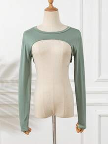 1 件女式纯色弹力氨纶高领插肩袖短上衣披肩领仿夹克上衣，长袖，百搭颜色，秋冬