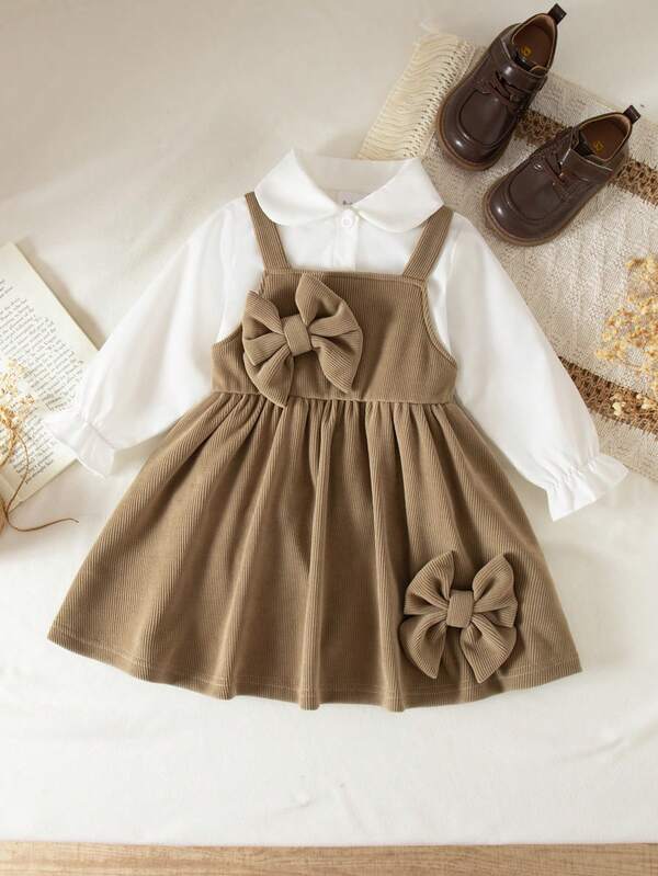 2pcs Baby Girls' White Long Sleeve Collared Shirt With Bow Strap Dress Outfit, Toddler Autumn Set