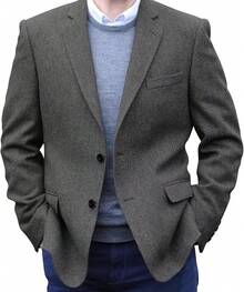 Men's Tweed Blazer Jacket 2 Button Lightweight Herringbone Casual Sport Coat Wedding Groomsmen Prom Jackets-2025 - Xám - Xem 1