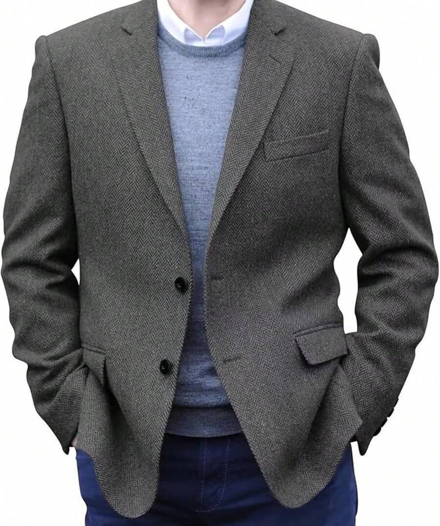 Men's Tweed Blazer Jacket 2 Button Lightweight Herringbone Casual Sport Coat Wedding Groomsmen Prom Jackets-2025 - Xám - Xem 1
