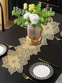 1pc Christmas Flower PVC Gold Foil Table Runner, Suitable For Christmas Dining Table Center Decor, Holiday Party Wedding Celebration Dinner Table Mat, Outdoor Party Floral Table Runner - Multicolor - View 1