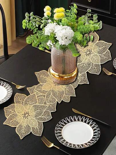 1 Stück Weihnachtsblumen PVC Goldfolie Tischläufer, geeignet für Weihnachtstisch Mittelstück Dekoration, Feiertags-Party, Hochzeitsfeier Dinner Tischset, Outdoor Party Blumen Tischläufer