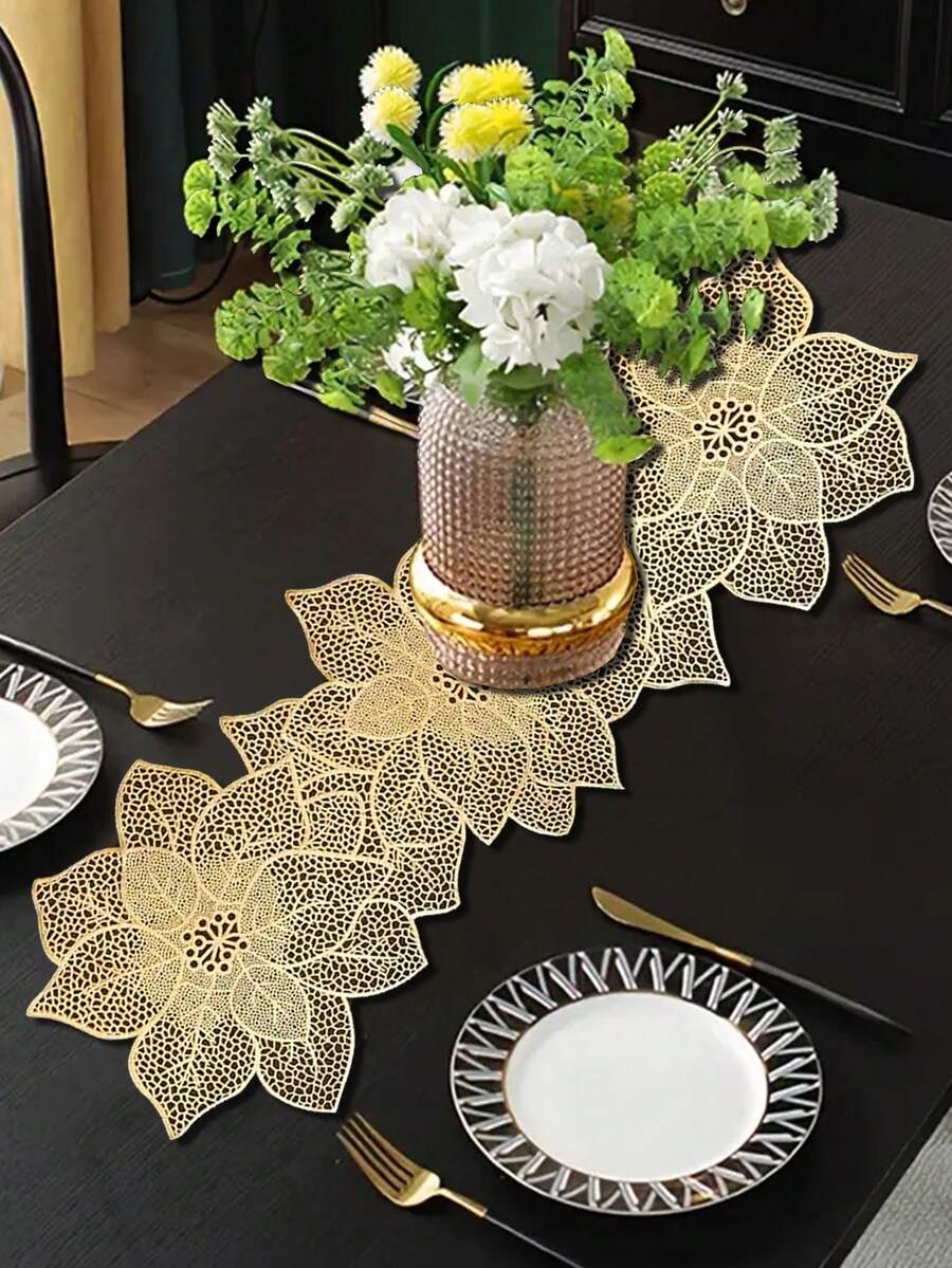 1pc Christmas Flower PVC Gold Foil Table Runner, Suitable For Christmas Dining Table Center Decor, Holiday Party Wedding Celebration Dinner Table Mat, Outdoor Party Floral Table Runner - Multicolor - View 1