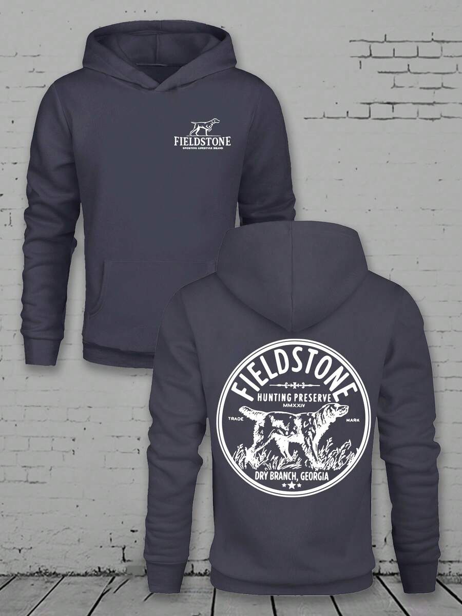 Men's Loose Casual Hooded Sweatshirt,  Hunting Preserve Logo Graphic, Polyester, Comfortable For Autumn, Dry Branch Georgia Design - 深灰色 - 查看 1