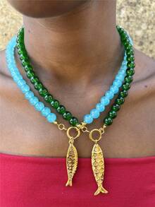 不锈钢鱼形吊坠项链，蓝绿色串珠度假风格项链 - 串珠項鍊 - 查看 1