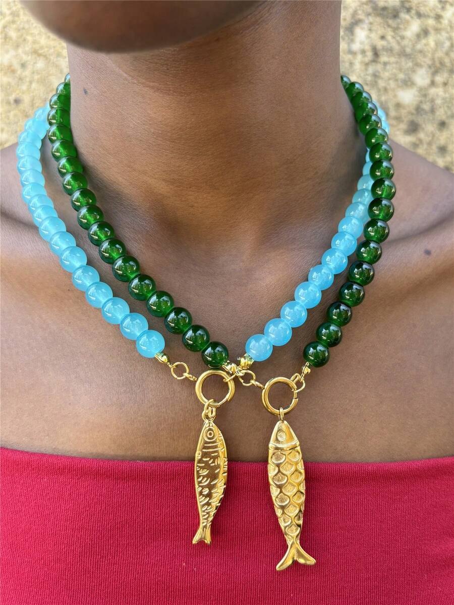 不锈钢鱼形吊坠项链，蓝绿色串珠度假风格项链 - 串珠項鍊 - 查看 1