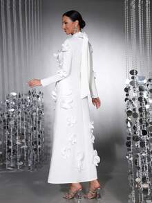 新款优雅女式 3D 花卉装饰长袖领结修身立体花朵连衣裙，适合情人节、伴娘、正式晚礼服 - 白色 - 查看 6