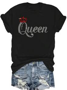 Camiseta con diseño SPARKLING QUEEN, unisex, de verano, casual, transpirable, de personalidad, cuello redondo, manga corta, ropa de calle, versátil, adecuada para adolescentes y adultos - Negro - Ver 1
