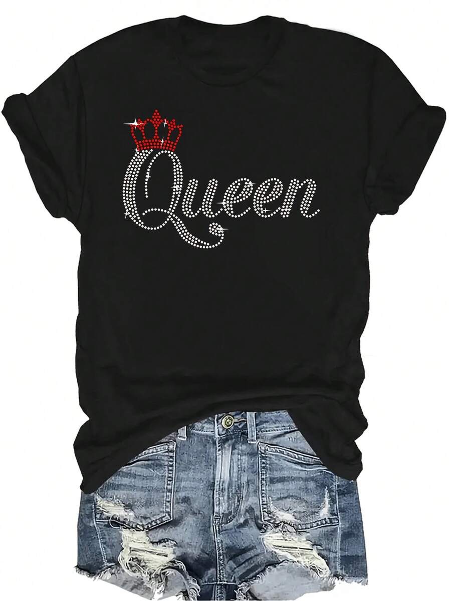 Camiseta con diseño SPARKLING QUEEN, unisex, de verano, casual, transpirable, de personalidad, cuello redondo, manga corta, ropa de calle, versátil, adecuada para adolescentes y adultos - Negro - Ver 1