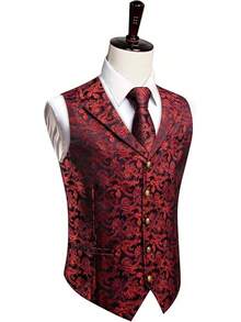 Mens Suit Vest 4PC Silk Paisley Vest With Necktie Pocket Square Cufflinks Formal Woven Waistcoat Suit TuxedoChristmas SAOA - 紅色花卉 - 查看 7