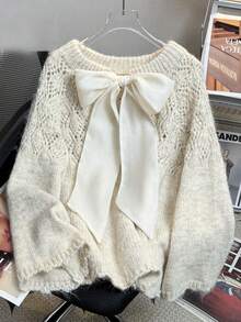 JIANHU 甜美蝴蝶结镂空套头衫女士毛衣 - 新杏色 - 查看 1