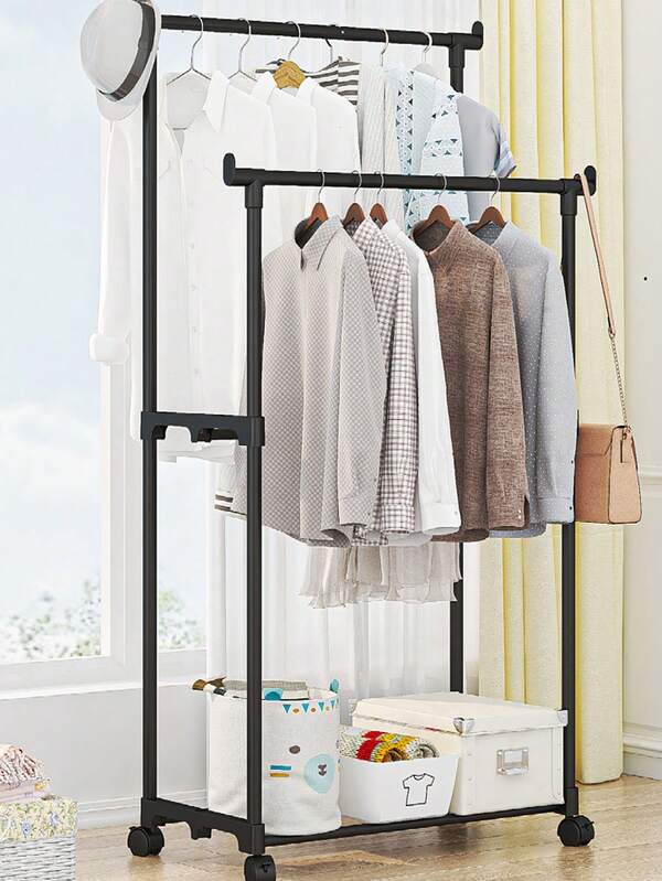 1pc Single Pole/Double Pole Clothes Rack, Space-Saving With Metal Frame, Suitable For Home Bedroom, Balcony, Multipurpose In Drying, Storage And Organizing Clothes