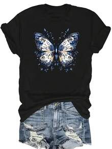 Camiseta con estampado de mariposa, unisex, de verano, casual, transpirable, de cuello redondo, de manga corta, ropa de calle, versátil, adecuada para adolescentes y adultos - Negro - Ver 1