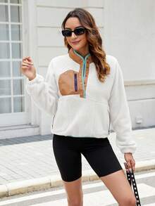 Women's Lightweight Fleece Pullover Jacket Cropped Fall Winter Fuzzy Sherpa Jacket Sweatshirt Coat With Pockets - 白色 - 查看 3