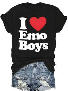 Camiseta "I Love Emo Boy" unisex de verano, casual, transpirable, de personalidad, de cuello redondo, de manga corta, ropa de calle, versátil, adecuada para adolescentes y adultos - Negro - Ver 1