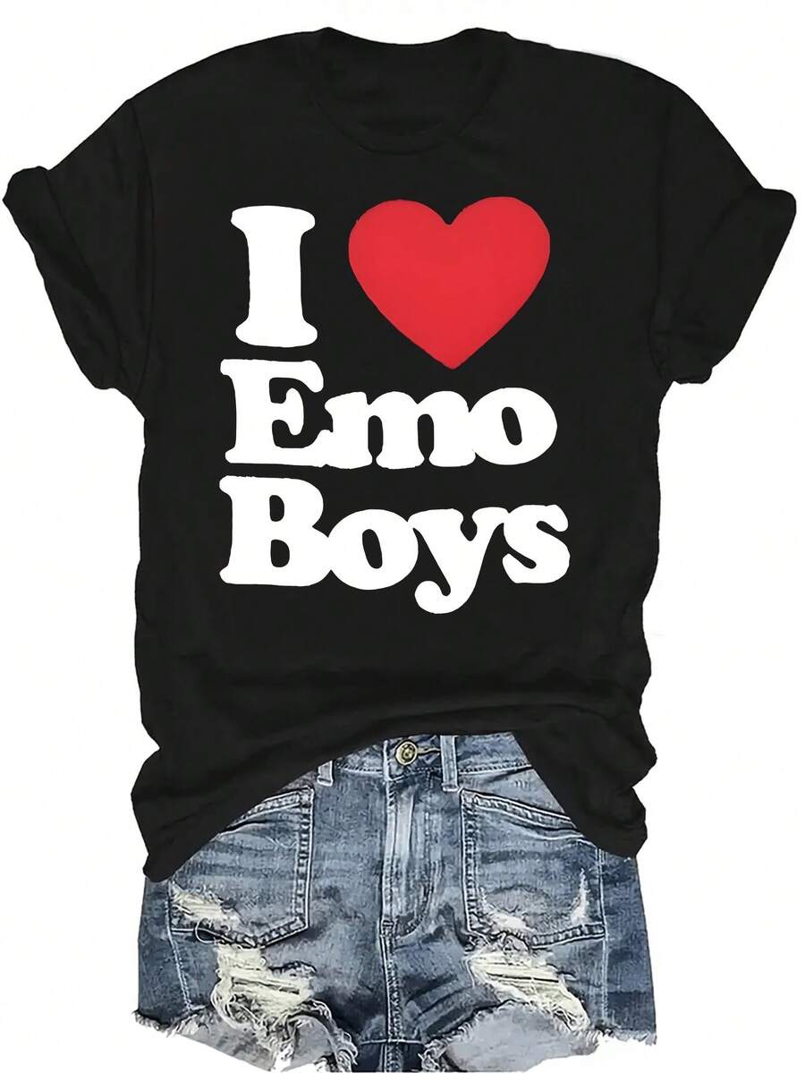 Camiseta "I Love Emo Boy" unisex de verano, casual, transpirable, de personalidad, de cuello redondo, de manga corta, ropa de calle, versátil, adecuada para adolescentes y adultos - Negro - Ver 1