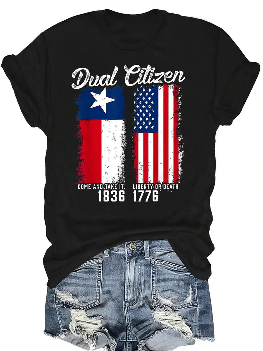 Camiseta de ciudadano dual de Texas real, unisex, de verano, casual, transpirable, con personalidad, cuello redondo, manga corta, ropa de calle, versátil, adecuada para adolescentes y adultos - Negro - Ver 1
