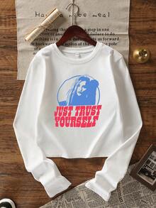 女式卡通人物及英文文字印花修身短款长袖T恤，休闲春秋 - 白色 - 查看 3