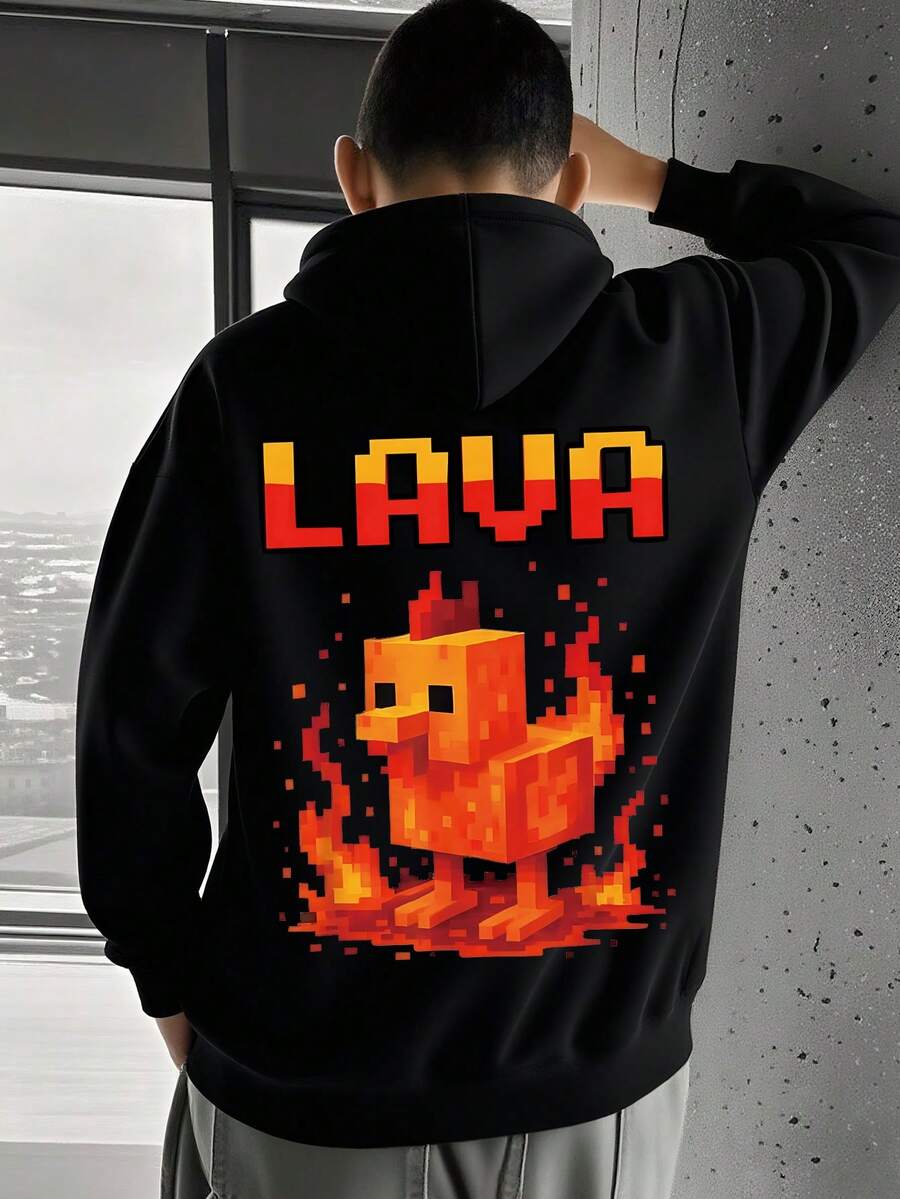 1PC Boy Game Style Pixel Flaming Chicken Print Hooded Sweatshirt, Soft And Comfortable, Spring Autumn Daily Leisure Wear - Black - View 1