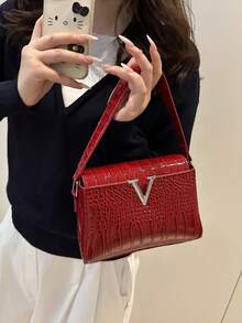 奢华女士手提包品牌包，鳄鱼压纹优质石纹托特包，2025新款时尚百搭单肩包，大容量，时尚手提包，新款大包，INS搭配单品，复古休闲街头风小众托特包，单肩托特包，亮面高端品质斜挎包，2025新款时尚大容量妈妈包，时尚个性女包，枕头包 - 紅色 - 查看 6