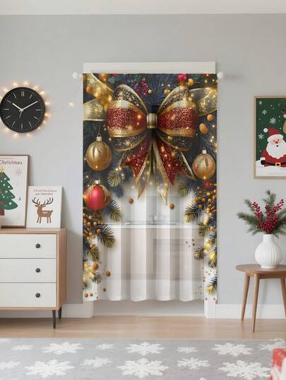 1pc Christmas Gift Christmas Snowman, Reindeer, Christmas Tree Atmosphere Decorative Sheer Curtain, Translucent But Not See-Through Window Voile Curtain, Suitable For Living Room And Bedroom, Door Curtain, Kitchen Curtain, Noise Reduction, Christmas Decorative Rod Pocket Sheer Curtain (100g Fabric Weight)
