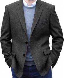 Men's Tweed Blazer Jacket 2 Button Lightweight Herringbone Casual Sport Coat Wedding Groomsmen Prom Jackets-2025 - 黑色 - 查看 1