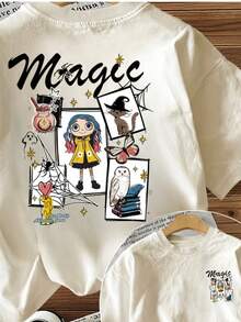 Camiseta casual con estampado FRENTE Y ESPALDA , Halloween magic magia hechizos brujia telaraña araña vela poción , para mujer ajuste regular manga corta playera cuello redondo, blusas gráficas para mujer front back - Blanco - Ver 2