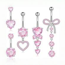 5pcsPink Bowknot Heart Shaped Zirconia Navel Nail Body Piercing Jewelry Set