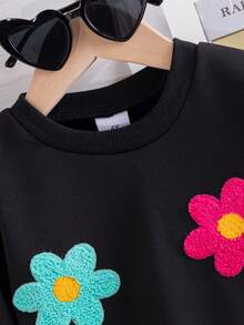 2pcs Young Girl Casual Floral Print Long Sleeve Crew Neck Black Sweatshirt And Khaki Straight Leg Pants Set, Suitable For Daily, School, Outdoor, Commuting, Sports