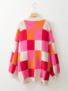 Acelitt Women's Colorful Plaid Contrast Color Cute Casual Loose Long Sleeve Cardigan Sweater, Autumn/Winter