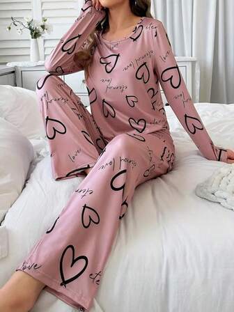 Pink Printed Long Sleeve Top & Pants Pajama Set For Women, Fall & Winter Clothes