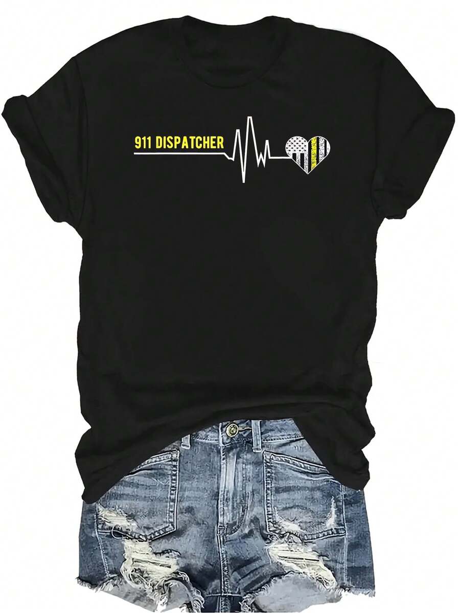 Camiseta de 911 Dispatcher con diseño de latido del corazón, divertida, de estilo unisex, casual, transpirable y de personalidad, con cuello redondo y manga corta, adecuada para adolescentes y adultos - Negro - Ver 1