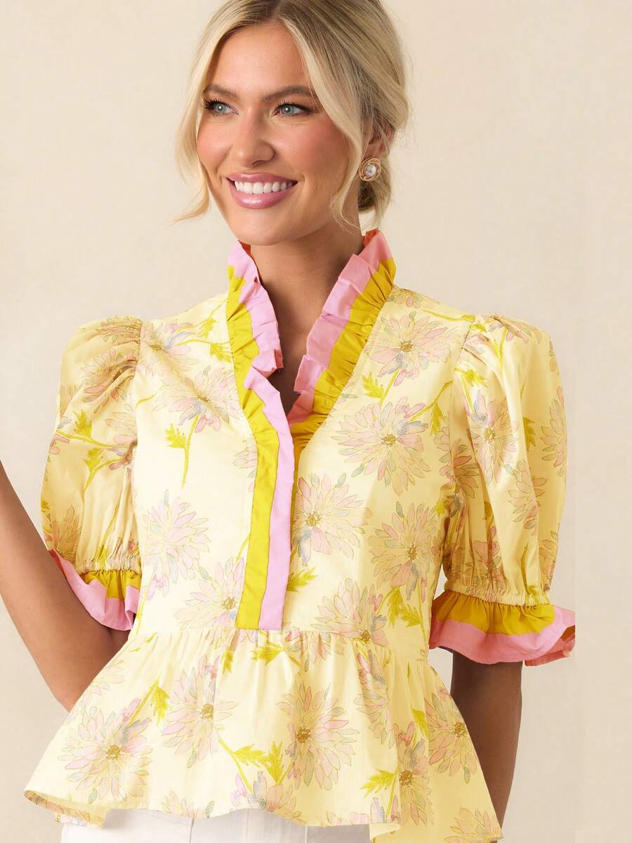Awevudst Women's Wrap Peplum Top Blouse Summer Floral Print Ruffle Hem V-Neck Short Puff Sleeve Shirts - 黃色 - 查看 1