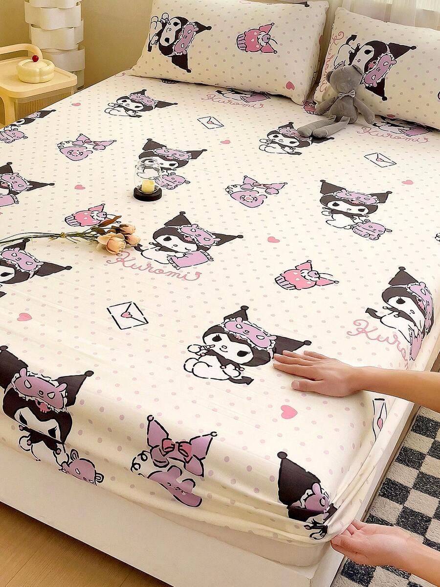 Sanrio 1 szt. Prześcieradło z dopasowaną gumką z uroczym nadrukiem kreskówkowym, pościel Kuromi/Cinnamoroll/Hello Kitty, ochraniacz na materac, narzuta na łóżko, prześcieradło z dopasowaną gumką, wygodny materiał tekstylny do domu, oddychający, antypoślizgowy ochraniacz na materac, dekoracja do domu, pasuje do wszystkich rozmiarów łóżek – jednoosobowego, dwuosobowego, dwuosobowego, królewskiego, odpowiedniego na każdą porę roku, pyłoszczelna narzuta na łóżko, nadaje się do prania w pralce - Biały - Zobacz 1
