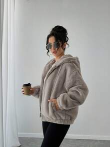 Women's Faux Fur Jacket For Winter, Solid Color With Strong Texture, Hooded With Drawstring, Casual College Style, Soft, Warm, Comfortable And Elegant - Grey - View 10