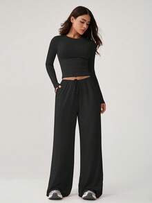 NcmRyu 1 Set Damen bequemer, lässiger, einfarbiger, rundhalsiger, weiter, gerade geschnittener, locker sitzender Langarm Fitness, Workout, Outdoor Sport Anzug