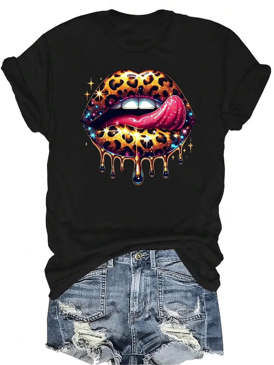 Camiseta unisex de manga corta con cuello redondo, estampado de labios goteantes y estampado de leopardo dorado, de verano, transpirable y con personalidad. Adecuada para adolescentes y adultos. - Negro - Ver 1