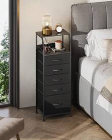 Tall Night Stand With 5 Fabric Drawers, Bedroom Nightstand With 5 Drawers & 2 Open Shelves, Fabric Dresser Organizer, Sturdy Steel Frame Bedside Table - màu đen - Xem 1