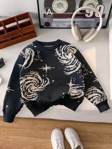 男童街头抽象图案针织套头衫，百搭日常穿着，春秋冬皆宜