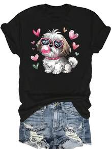 Camiseta con perro con gafas de corazón Unisex de verano, casual, transpirable, de personalidad, de cuello redondo, de manga corta, ropa de calle, versátil, adecuada para adolescentes y adultos - Negro - Ver 1