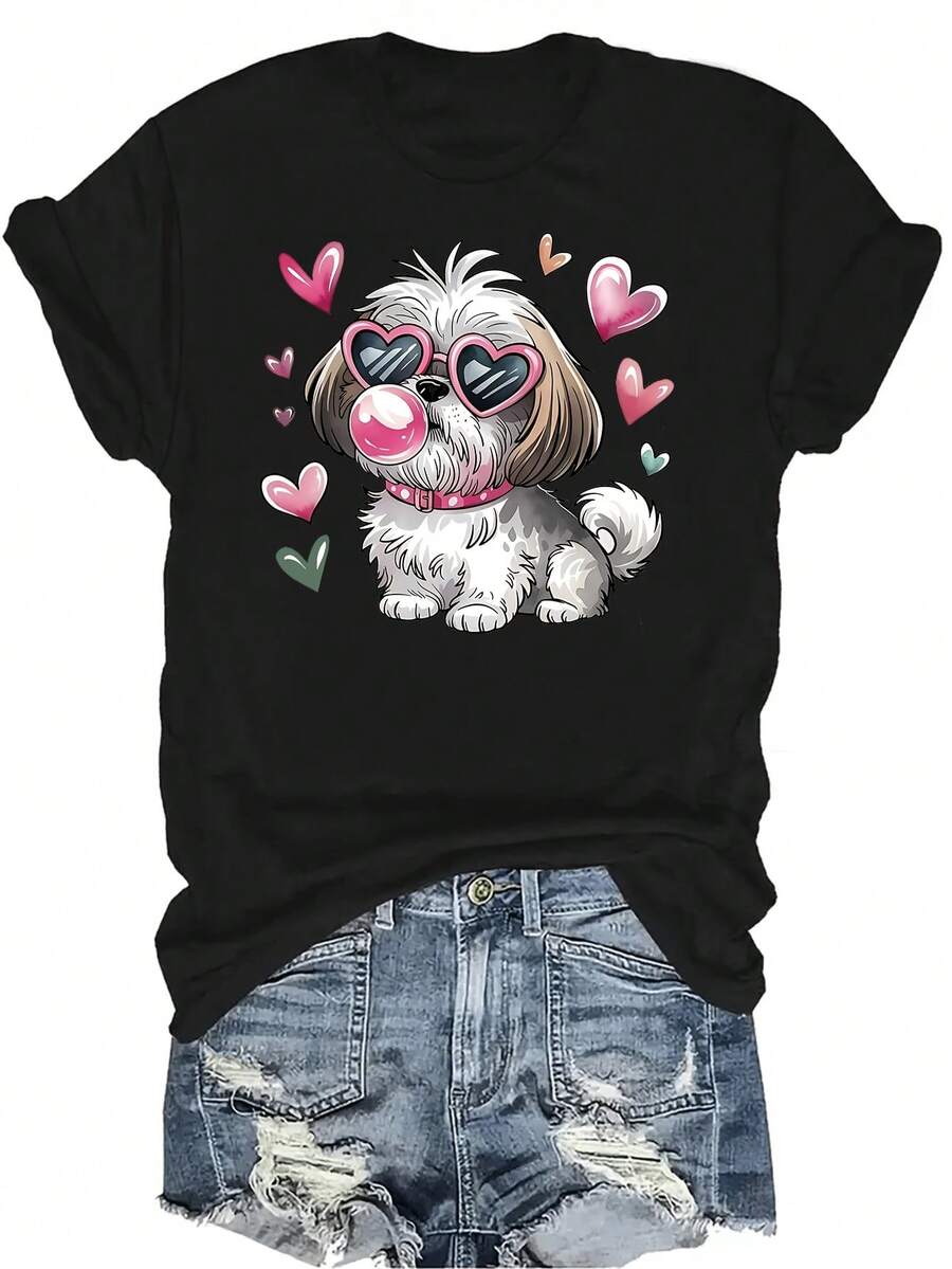 Camiseta con perro con gafas de corazón Unisex de verano, casual, transpirable, de personalidad, de cuello redondo, de manga corta, ropa de calle, versátil, adecuada para adolescentes y adultos - Negro - Ver 1