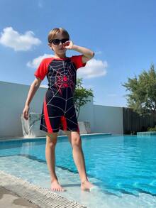 Young Boys Elegant Outdoor Casual Cute Spider Digital Print Raglan Short Sleeve Romper Swimsuit, Summer - Black - View 5