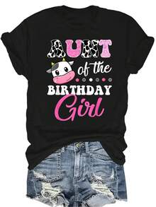 Camiseta de Tía de la Cumpleañera - Unisex, de verano, casual, transpirable, con personalidad, cuello redondo, manga corta, ropa de calle, versátil, adecuada para adolescentes y adultos - Negro - Ver 1