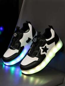 GUANGLAN 2-In-1 LED Light Up Roller Skates For Girls, 2 Wheels Removable USB Rechargeable Roller Skates, Leather Upper, 11 Flashing Modes, 7 Colorful Lights, Unisex Rotatable Button, Easy On/Off, Outdoor Sports - Black and White - View 5