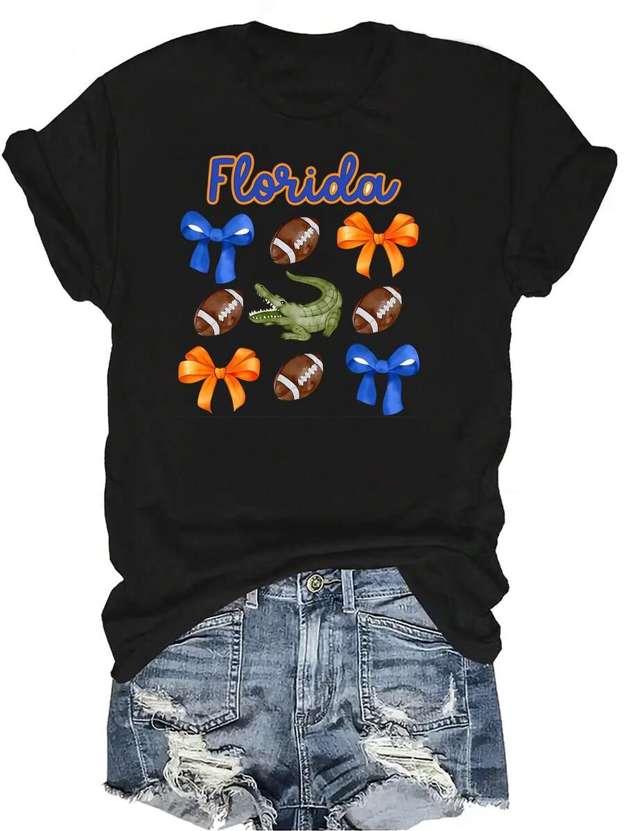 Camiseta con lazo de Florida, unisex, de verano, casual, transpirable, de personalidad, cuello redondo, manga corta, ropa de calle, versátil, adecuada para adolescentes y adultos - Negro - Ver 1