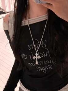 Vintage Gothic Rose Flower Cross Necklace, Personalized Korean Style Cool Silver Cross Carved Flower Necklace, Sweater Chain For Women - Silver - View 4