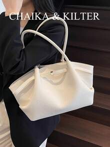 CHAIKA & KILTER 1 件纯色 PU 皮革单肩包，女式复古休闲手提包，褶皱设计，可调节腰带，双手柄，磁扣，适合旅行、购物、约会、送给女性、青少年、大学生、初学者和办公室工作人员的礼物，非常适合办公室、学校、工作、商务、通勤、户外、旅行、野餐 - 白色 - 查看 4