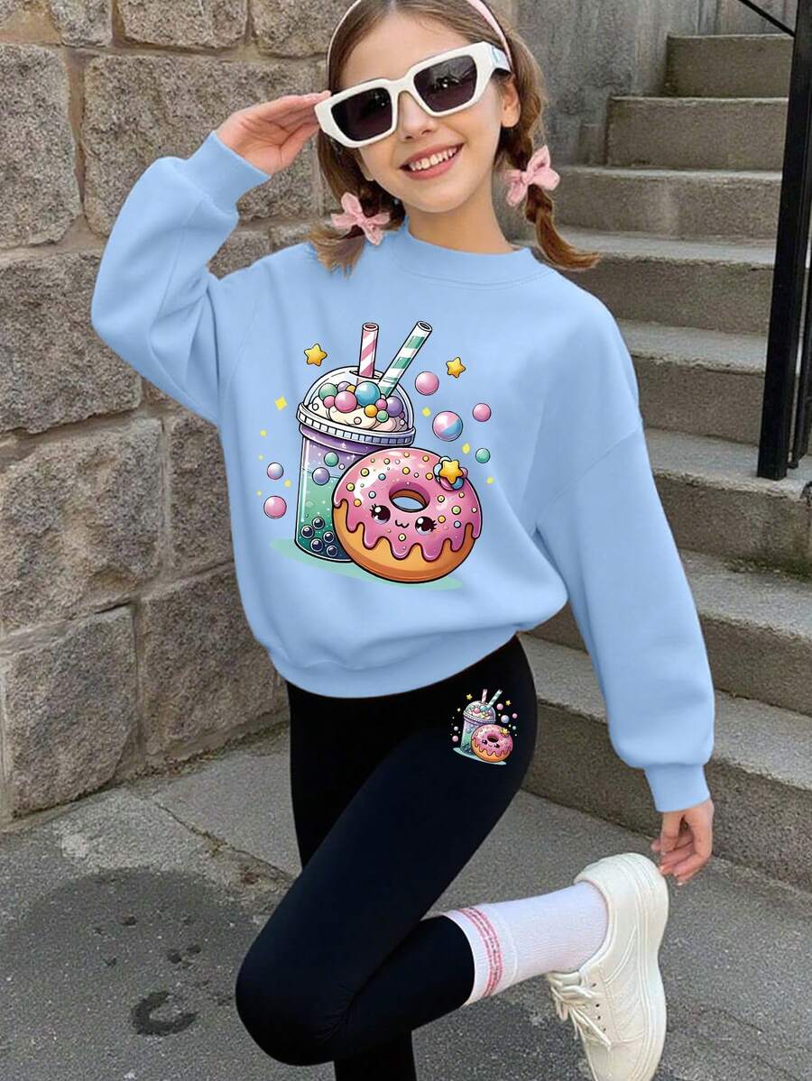 1PC Girl Sweet And Cute Style Cartoon Donut Print Set, Soft And Comfortable, Spring Autumn Daily School Wear - Blue - View 1