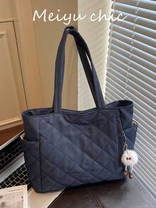 时尚大容量纯色单肩手提包，双提手设计，轻便易携，女士钱包，海军蓝钱包，带吊坠的单肩包，帆布手提包，女士休闲绗缝大容量手提包，夏季户外旅行和观光的理想之选，必备背包，蓝色 - 藏蓝色 - 查看 7